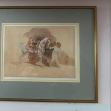 Load image into Gallery viewer, Antoine de la Boulaye (b. 1951). Watercolour Drawing of an Oriental Horseman Leading a White Arab Stallion. Signed in Pencil
