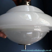 Load image into Gallery viewer, ART DECO 1940s GERMAN Siemens White Opaque Glass Pendant shade. Original chrome fittings
