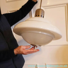 Load image into Gallery viewer, ART DECO 1940s GERMAN Siemens White Opaque Glass Pendant shade. Original chrome fittings
