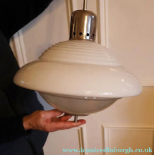 Load image into Gallery viewer, ART DECO 1940s GERMAN Siemens White Opaque Glass Pendant shade. Original chrome fittings
