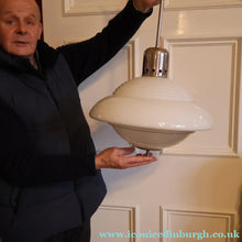 Load image into Gallery viewer, ART DECO 1940s GERMAN Siemens White Opaque Glass Pendant shade. Original chrome fittings
