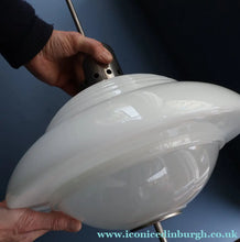 Load image into Gallery viewer, ART DECO 1940s GERMAN Siemens White Opaque Glass Pendant shade. Original chrome fittings
