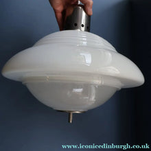 Load image into Gallery viewer, ART DECO 1940s GERMAN Siemens White Opaque Glass Pendant shade. Original chrome fittings
