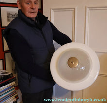 Load image into Gallery viewer, ART DECO 1940s GERMAN Siemens White Opaque Glass Pendant shade. Original chrome fittings
