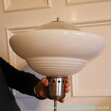 Load image into Gallery viewer, ART DECO 1940s GERMAN Siemens White Opaque Glass Pendant shade. Original chrome fittings
