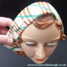 Load image into Gallery viewer, ART DECO Goebel Wall Mask. 1930s Lady with Checked Headscarf and Modelled Long Eyelashes 
