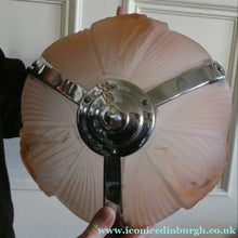 Load image into Gallery viewer, Antique ART DECO Sugar Pink Pressed Glass Pendant Lampshade with Jumping Nude Lady 
