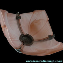Load image into Gallery viewer, Antique ART DECO Sugar Pink Pressed Glass Pendant Lampshade with Jumping Nude Lady 
