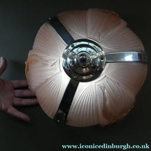Load image into Gallery viewer, Antique ART DECO Sugar Pink Pressed Glass Pendant Lampshade with Jumping Nude Lady 
