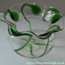 Load image into Gallery viewer, Edwardian Stuart Crystal Bowl with Green Tadpoles Peacock Trails
