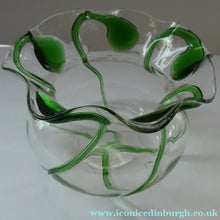Load image into Gallery viewer, Edwardian Stuart Crystal Bowl with Green Tadpoles Peacock Trails
