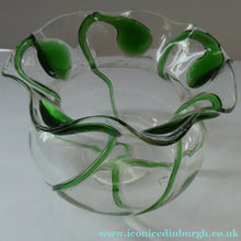 Load image into Gallery viewer, Edwardian Stuart Crystal Bowl with Green Tadpoles Peacock Trails
