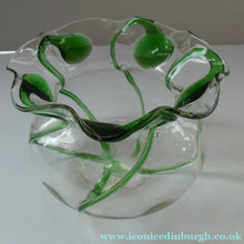 Load image into Gallery viewer, Edwardian Stuart Crystal Bowl with Green Tadpoles Peacock Trails
