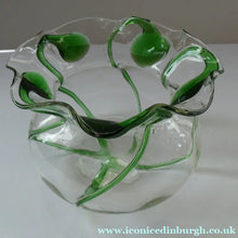 Load image into Gallery viewer, Edwardian Stuart Crystal Bowl with Green Tadpoles Peacock Trails
