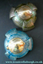 Load image into Gallery viewer, Beautiful Art Nouveau / Jugendstil Kralik Glass PAMPAS Inkwell with Lustre and Green Trail Bands, and Brass Hinged Lid
