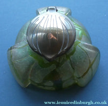 Load image into Gallery viewer, Beautiful Art Nouveau / Jugendstil Kralik Glass PAMPAS Inkwell with Lustre and Green Trail Bands, and Brass Hinged Lid
