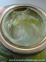Load image into Gallery viewer, Beautiful Art Nouveau / Jugendstil Kralik Glass PAMPAS Inkwell with Lustre and Green Trail Bands, and Brass Hinged Lid
