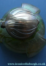 Load image into Gallery viewer, Beautiful Art Nouveau / Jugendstil Kralik Glass PAMPAS Inkwell with Lustre and Green Trail Bands, and Brass Hinged Lid
