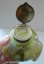 Load image into Gallery viewer, Beautiful Art Nouveau / Jugendstil Kralik Glass PAMPAS Inkwell with Lustre and Green Trail Bands, and Brass Hinged Lid
