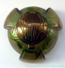 Load image into Gallery viewer, Jugendstil Kralik Glass Inkwell with Lustre and Green Trail Bands, and Brass Hinged Lid
