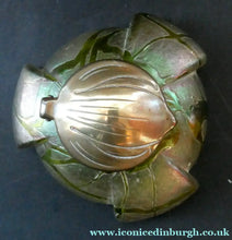 Load image into Gallery viewer, Beautiful Art Nouveau / Jugendstil Kralik Glass PAMPAS Inkwell with Lustre and Green Trail Bands, and Brass Hinged Lid
