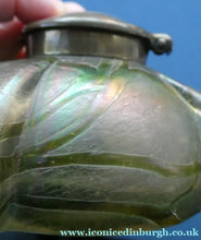 Load image into Gallery viewer, Beautiful Art Nouveau / Jugendstil Kralik Glass PAMPAS Inkwell with Lustre and Green Trail Bands, and Brass Hinged Lid
