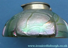 Load image into Gallery viewer, Beautiful Art Nouveau / Jugendstil Kralik Glass PAMPAS Inkwell with Lustre and Green Trail Bands, and Brass Hinged Lid
