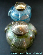 Load image into Gallery viewer, Beautiful Art Nouveau / Jugendstil Kralik Glass PAMPAS Inkwell with Lustre and Green Trail Bands, and Brass Hinged Lid
