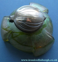Load image into Gallery viewer, Beautiful Art Nouveau / Jugendstil Kralik Glass PAMPAS Inkwell with Lustre and Green Trail Bands, and Brass Hinged Lid
