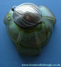 Load image into Gallery viewer, Beautiful Art Nouveau / Jugendstil Kralik Glass PAMPAS Inkwell with Lustre and Green Trail Bands, and Brass Hinged Lid
