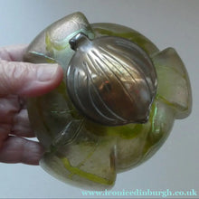 Load image into Gallery viewer, Beautiful Art Nouveau / Jugendstil Kralik Glass PAMPAS Inkwell with Lustre and Green Trail Bands, and Brass Hinged Lid
