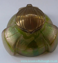 Load image into Gallery viewer, Jugendstil Kralik Glass Inkwell with Lustre and Green Trail Bands, and Brass Hinged Lid
