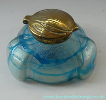 Load image into Gallery viewer, ANTIQUE Art Nouveau / Jugendstil Kralik Glass Inkwell with Lustre and Turquoise Blue Trail Bands, and Brass Hinged Lid

