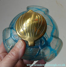 Load image into Gallery viewer, ANTIQUE Art Nouveau / Jugendstil Kralik Glass Inkwell with Lustre and Turquoise Blue Trail Bands, and Brass Hinged Lid
