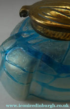 Load image into Gallery viewer, ANTIQUE Art Nouveau / Jugendstil Kralik Glass Inkwell with Lustre and Turquoise Blue Trail Bands, and Brass Hinged Lid
