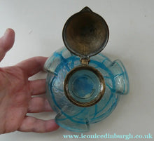 Load image into Gallery viewer, ANTIQUE Art Nouveau / Jugendstil Kralik Glass Inkwell with Lustre and Turquoise Blue Trail Bands, and Brass Hinged Lid
