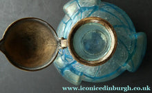 Load image into Gallery viewer, ANTIQUE Art Nouveau / Jugendstil Kralik Glass Inkwell with Lustre and Turquoise Blue Trail Bands, and Brass Hinged Lid
