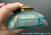 Load image into Gallery viewer, ANTIQUE Art Nouveau / Jugendstil Kralik Glass Inkwell with Lustre and Turquoise Blue Trail Bands, and Brass Hinged Lid
