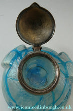 Load image into Gallery viewer, ANTIQUE Art Nouveau / Jugendstil Kralik Glass Inkwell with Lustre and Turquoise Blue Trail Bands, and Brass Hinged Lid
