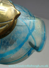 Load image into Gallery viewer, ANTIQUE Art Nouveau / Jugendstil Kralik Glass Inkwell with Lustre and Turquoise Blue Trail Bands, and Brass Hinged Lid
