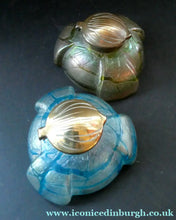 Load image into Gallery viewer, Beautiful ANTIQUE Art Nouveau / Jugendstil Kralik ’Pampas’ Glass Inkwell with Lustre and Turquoise Blue Trail Bands and
