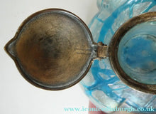 Load image into Gallery viewer, ANTIQUE Art Nouveau / Jugendstil Kralik Glass Inkwell with Lustre and Turquoise Blue Trail Bands, and Brass Hinged Lid
