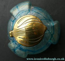 Load image into Gallery viewer, ANTIQUE Art Nouveau / Jugendstil Kralik Glass Inkwell with Lustre and Turquoise Blue Trail Bands, and Brass Hinged Lid
