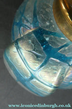 Load image into Gallery viewer, ANTIQUE Art Nouveau / Jugendstil Kralik Glass Inkwell with Lustre and Turquoise Blue Trail Bands, and Brass Hinged Lid

