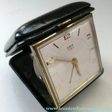 Load image into Gallery viewer, AS NEW: Vintage Early 1960s Black Leather ORIS Swiss Made Travelling Alarm Clock (original box)
