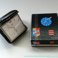 Load image into Gallery viewer, AS NEW: Vintage Early 1960s Black Leather ORIS Swiss Made Travelling Alarm Clock (original box)
