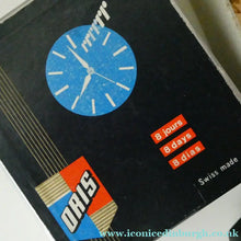Load image into Gallery viewer, AS NEW: Vintage Early 1960s Black Leather ORIS Swiss Made Travelling Alarm Clock (original box)
