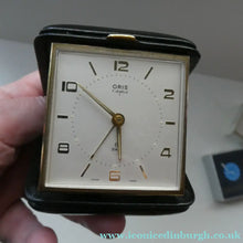 Load image into Gallery viewer, AS NEW: Vintage Early 1960s Black Leather ORIS Swiss Made Travelling Alarm Clock (original box)
