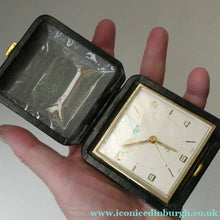 Load image into Gallery viewer, AS NEW: Vintage Early 1960s Black Leather ORIS Swiss Made Travelling Alarm Clock (original box)
