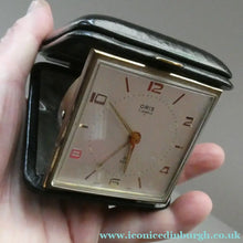 Load image into Gallery viewer, AS NEW: Vintage Early 1960s Black Leather ORIS Swiss Made Travelling Alarm Clock (original box)
